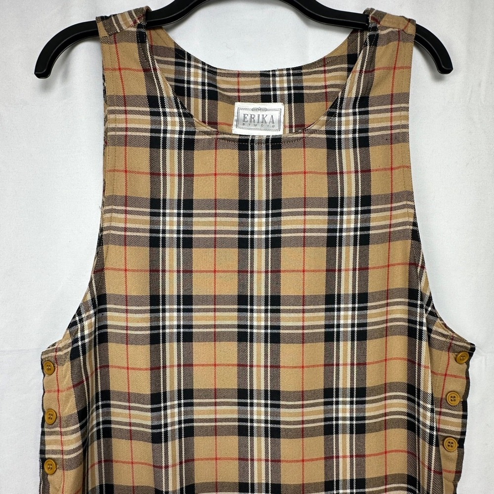 Vintage 90s Erika Studio Plaid Jumper Dress Tan Black Sleeveless Midi Slit